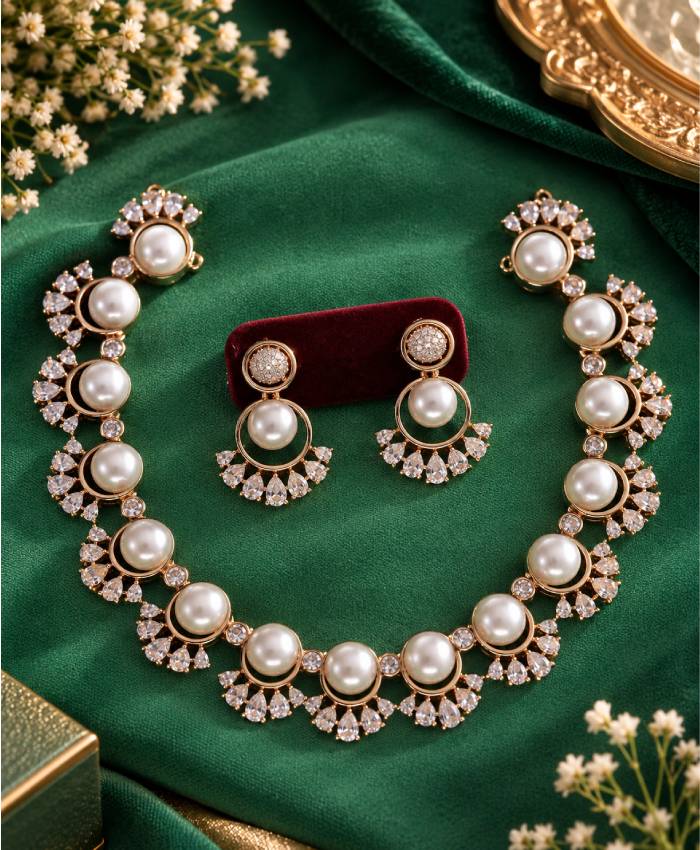 Elegant Pearl & Crystal Gold-Tone Necklace Set with Matching Earrings