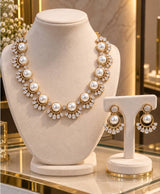 Elegant Pearl & Crystal Gold-Tone Necklace Set with Matching Earrings