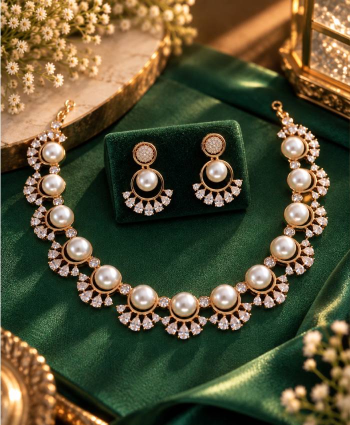 Elegant Pearl & Crystal Gold-Tone Necklace Set with Matching Earrings