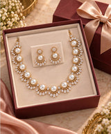 Elegant Pearl & Crystal Gold-Tone Necklace Set with Matching Earrings