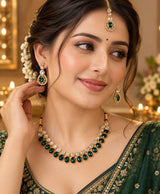 Emerald Green Crystal Bridal Necklace Set with Earrings & Maang Tikka