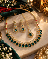Emerald Green Crystal Bridal Necklace Set with Earrings & Maang Tikka
