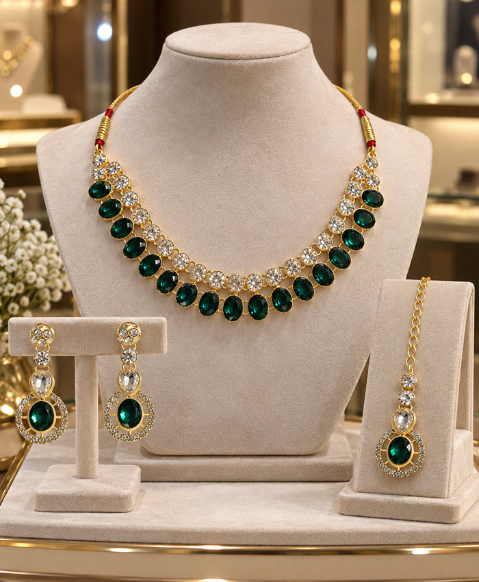 Emerald Green Crystal Bridal Necklace Set with Earrings & Maang Tikka