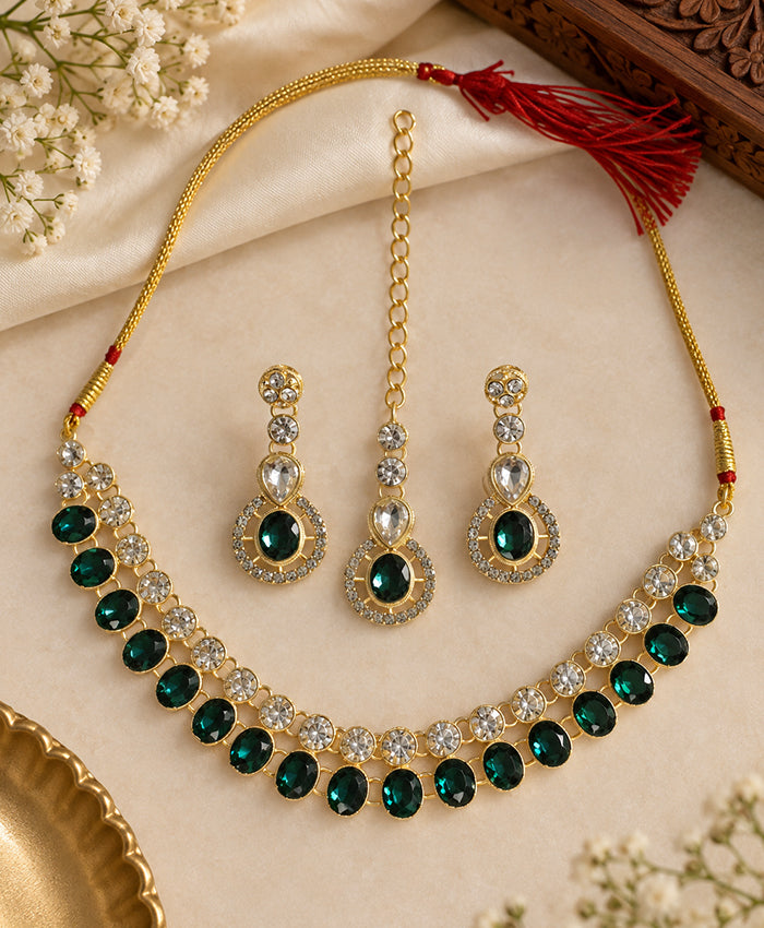 Emerald Green Crystal Bridal Necklace Set with Earrings & Maang Tikka