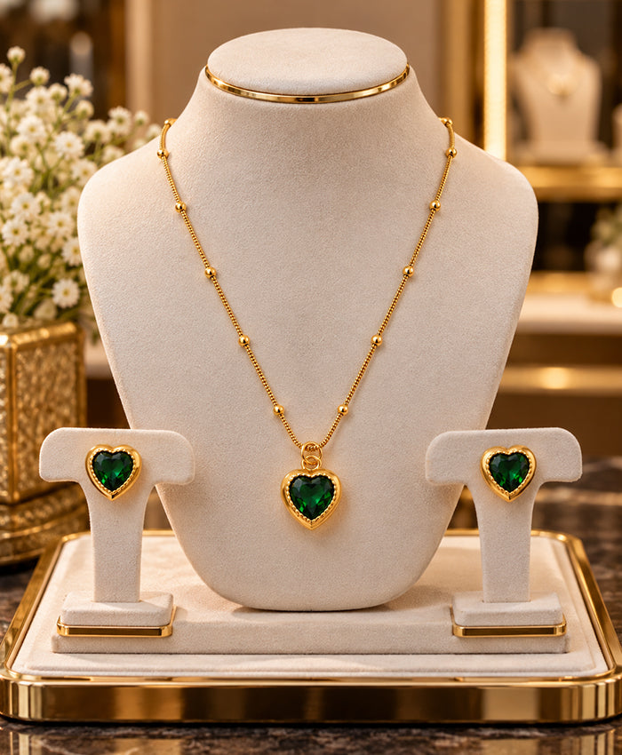 Emerald Heart Gold-Tone Necklace & Earrings Set
