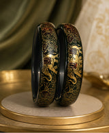 Emerald Green Gold Floral Enamel Lac Bangles