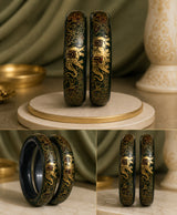 Emerald Green Gold Floral Enamel Lac Bangles
