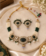 Emerald Green Pearl Kundan Necklace Set