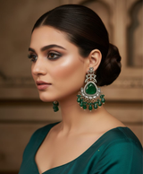 Emerald Green Silver-Tone Kundan Statement Earrings