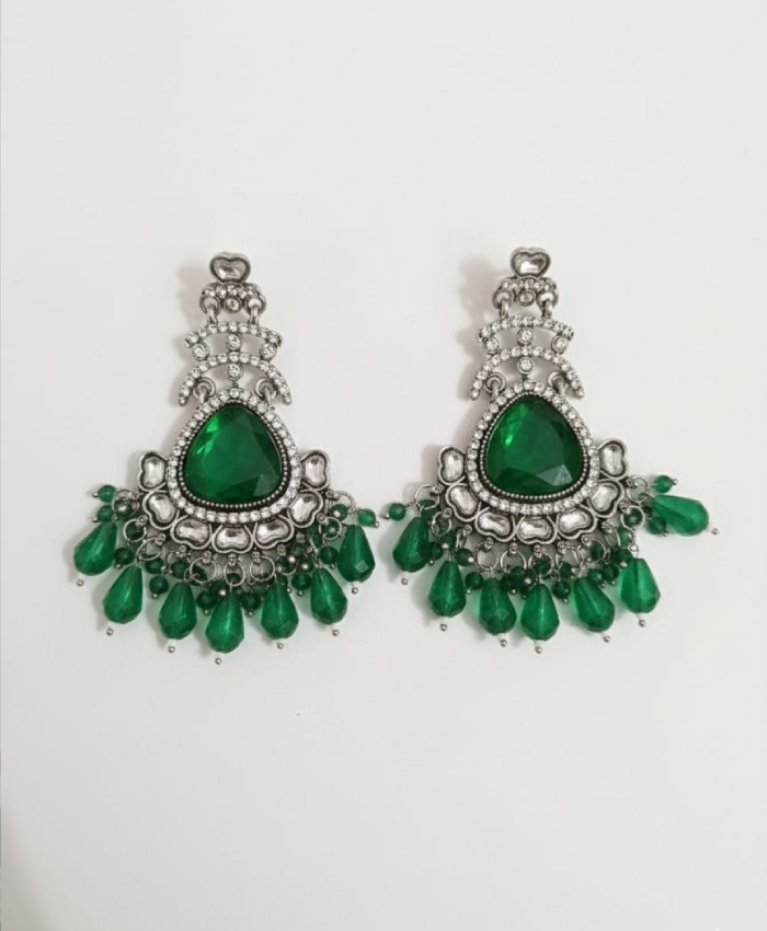 Emerald Green Silver-Tone Kundan Statement Earrings