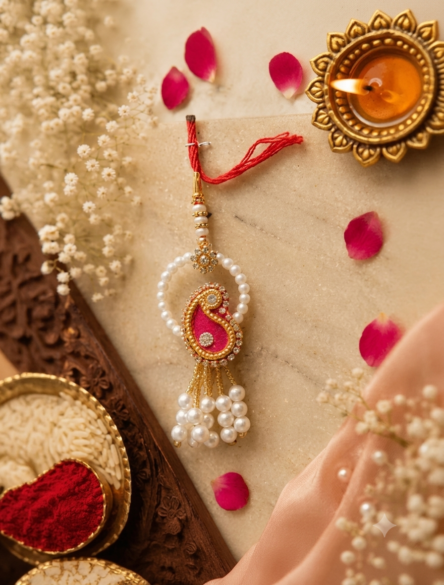 Pink Pearl Paisley Designer Lumba Rakhi