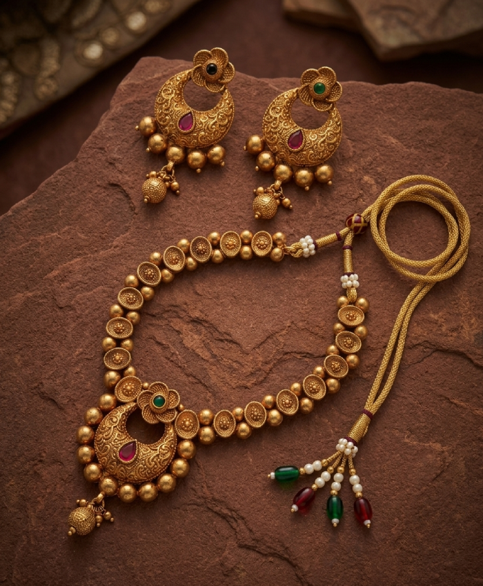 Rajwada Antique Gold Crescent Necklace Set