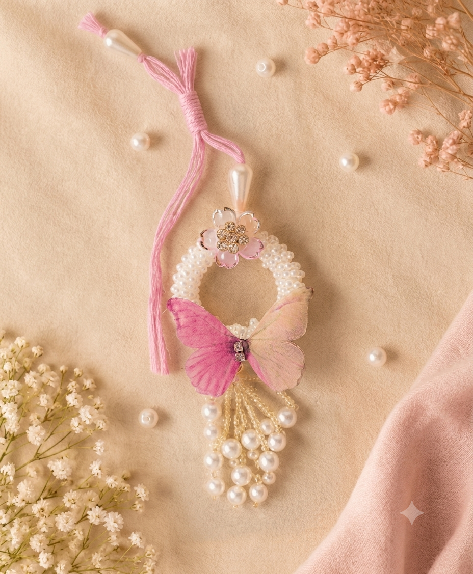 Pink Butterfly Pearl Designer Lumba Rakhi