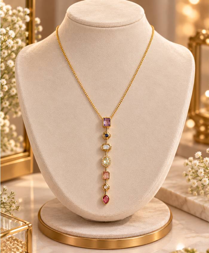 Geometric Multicolor Stone Gold-Tone Necklace – Elegant Statement Jewellery