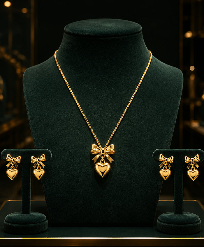 Gold-Tone Bow & Heart Necklace with Matching Heart Earrings for Women