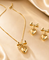 Gold-Tone Bow & Heart Necklace with Matching Heart Earrings for Women