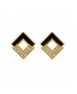 Golden Black Enamel Geometric CZ Stud Earrings