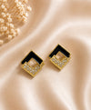 Golden Black Enamel Geometric CZ Stud Earrings