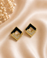 Golden Black Enamel Geometric CZ Stud Earrings