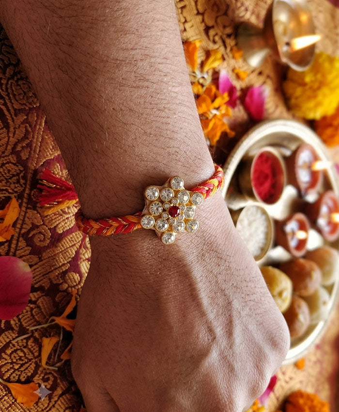 Golden Floral Crystal Designer Rakhi