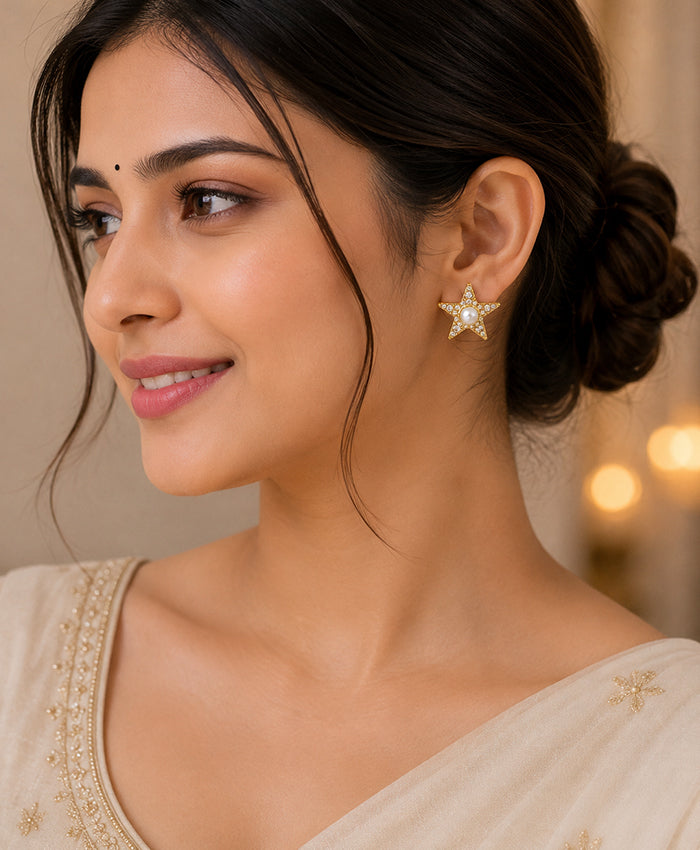 Golden Star Pearl Stud Earrings with Crystal Detailing