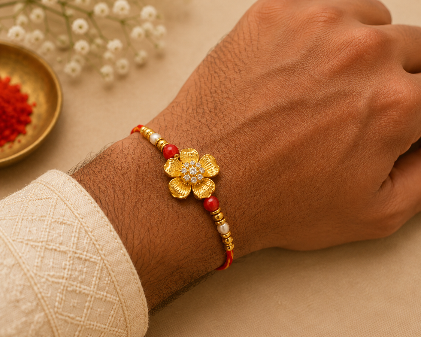 Golden Floral Designer Rakhi with Pearl & Red Beads