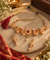 Green & Gold Traditional Designer Necklace Set with Matching Earrings