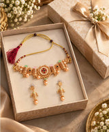 Green & Gold Traditional Designer Necklace Set with Matching Earrings