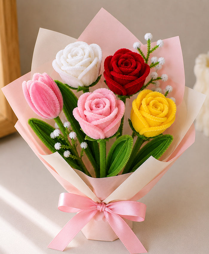 Handmade Multicolor Rose Bouquet – Pink, Red, White & Yellow Roses