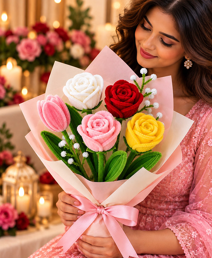 Handmade Multicolor Rose Bouquet – Pink, Red, White & Yellow Roses