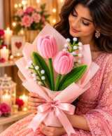 Handmade Pink Tulip Bouquet – 2 Pink Tulips with White Filler Flowers