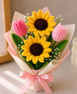 Handmade Sunflower & Pink Tulip Bouquet – 2 Sunflowers with 2 Pink Tulips