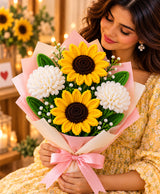 Handmade Sunflower & White Carnation Bouquet – 2 Sunflowers & 2 White Flowers
