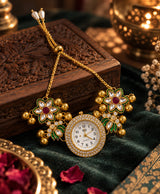 Kashmiri Floral Hand Ornament Watch – Gold-Tone Traditional Hand Watch with Green & Red Floral Detailing
