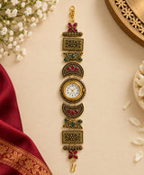 Kashmiri-Inspired Antique Gold-Tone Floral Filigree Bracelet Watch with Red & Green Details