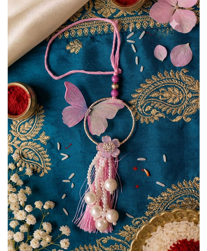 Lavender Butterfly Pearl Lumba Rakhi