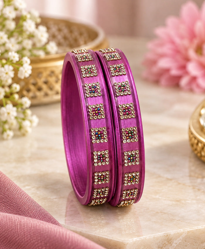 Magenta Crystal Square Designer Lac Bangle Set