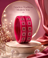 Magenta Pink Crystal Square-Pattern Designer Lac Bangle Set