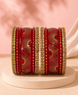 Maroon Gold Fan Motif Lac Bangle Set