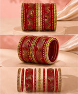 Maroon Gold Fan Motif Lac Bangle Set