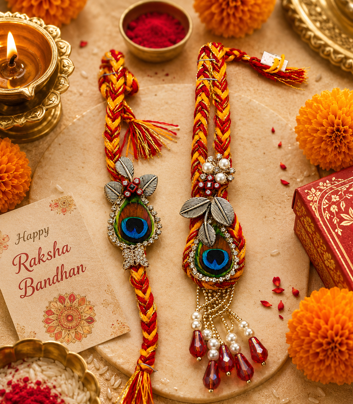Mayur Raj Peacock Feather Rakhi Set