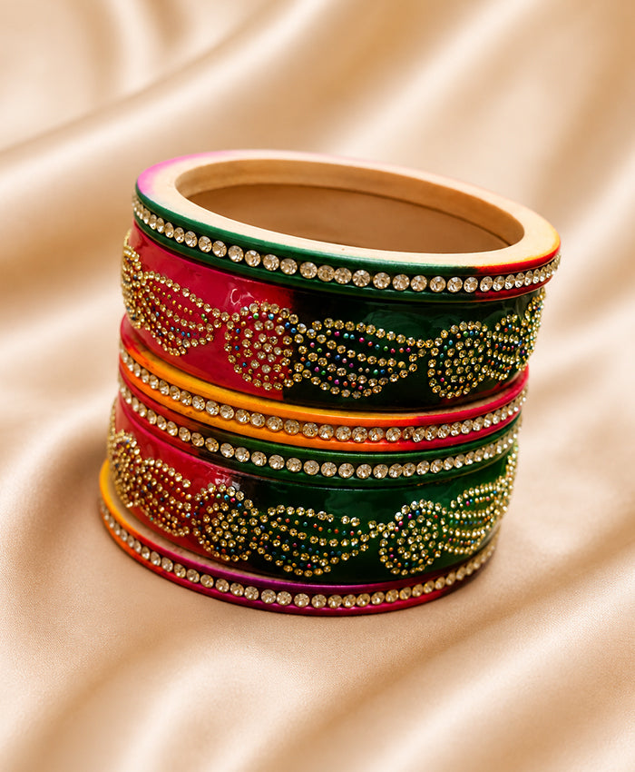 Multicolor Red, Green & Orange Kundan-Style Embellished Traditional Bangles