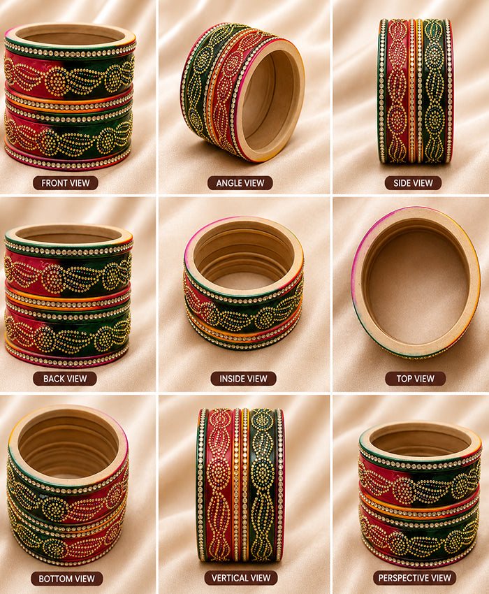 Multicolor Red, Green & Orange Kundan-Style Embellished Traditional Bangles