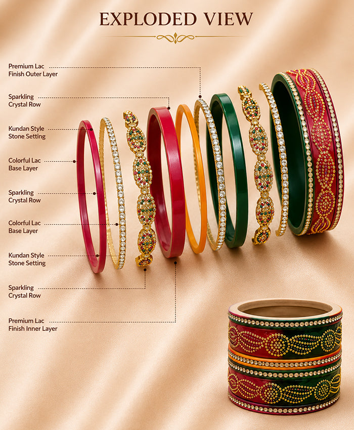 Multicolor Red, Green & Orange Kundan-Style Embellished Traditional Bangles