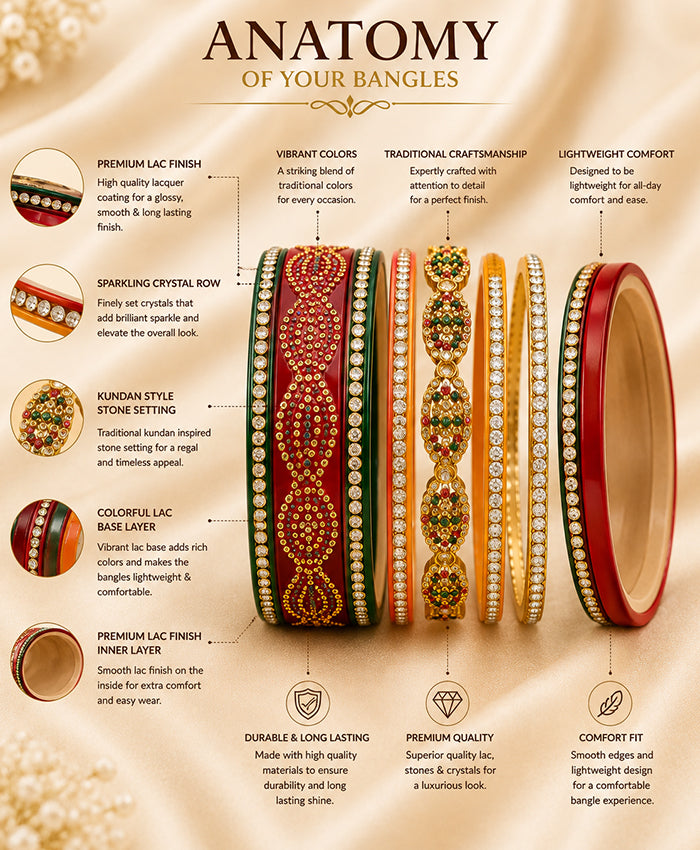 Multicolor Red, Green & Orange Kundan-Style Embellished Traditional Bangles