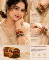 Multicolor Red, Green & Orange Kundan-Style Embellished Traditional Bangles