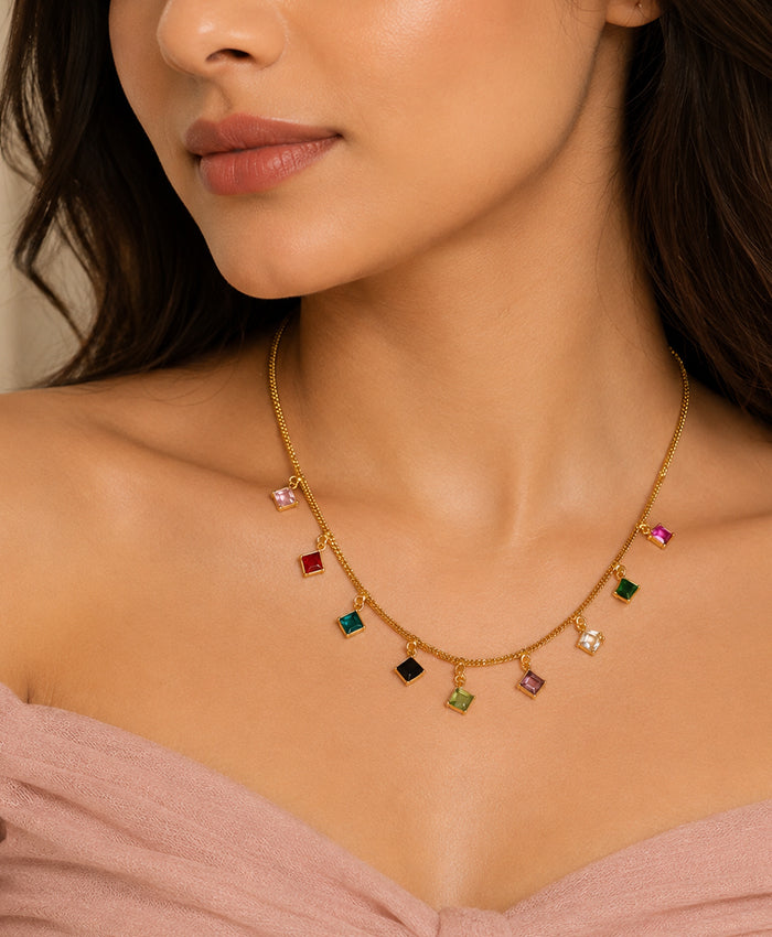 Multicolor Square Charm Gold-Tone Necklace for Women
