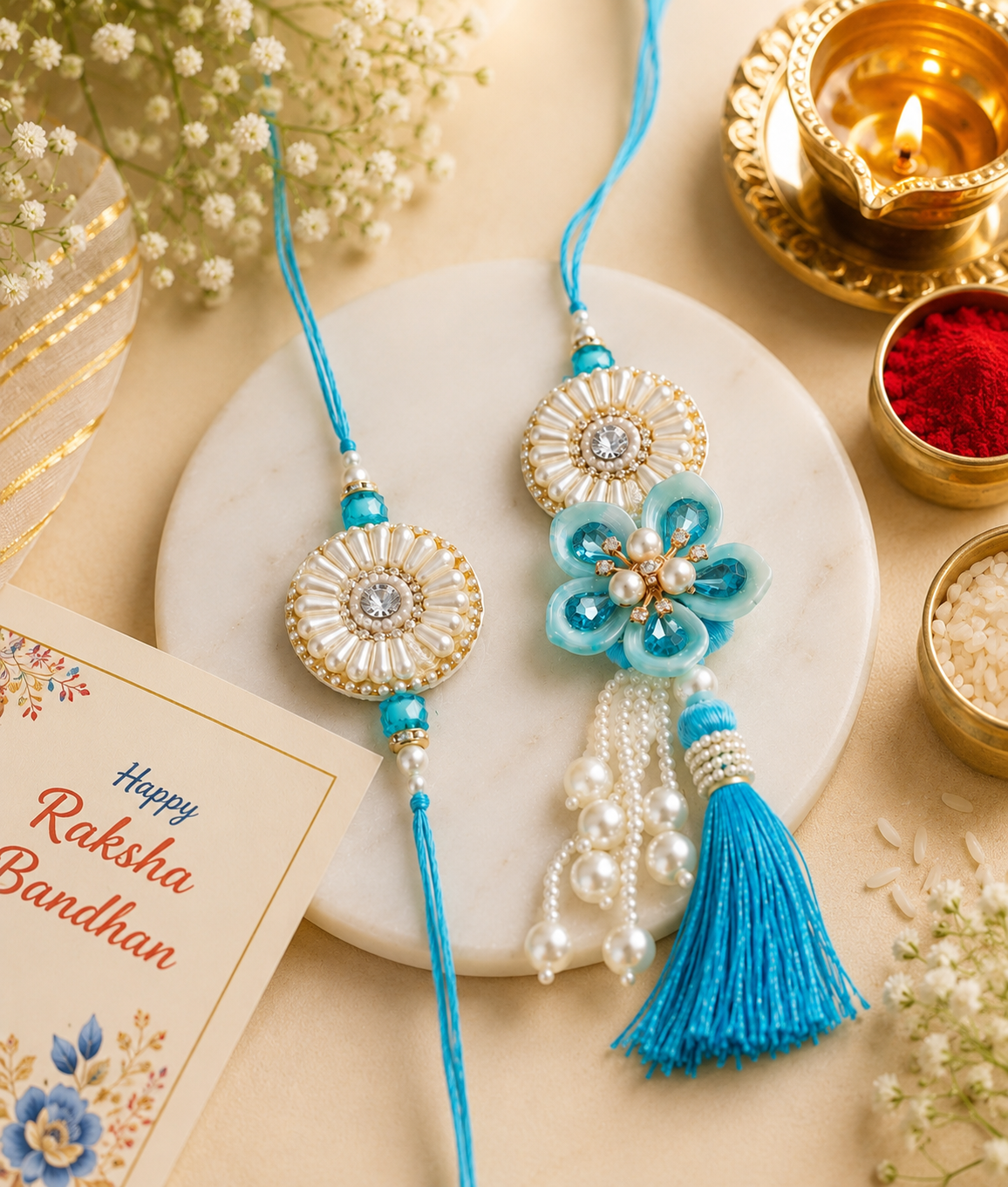 Neelanjali Pearl Bloom Designer Rakhi Set