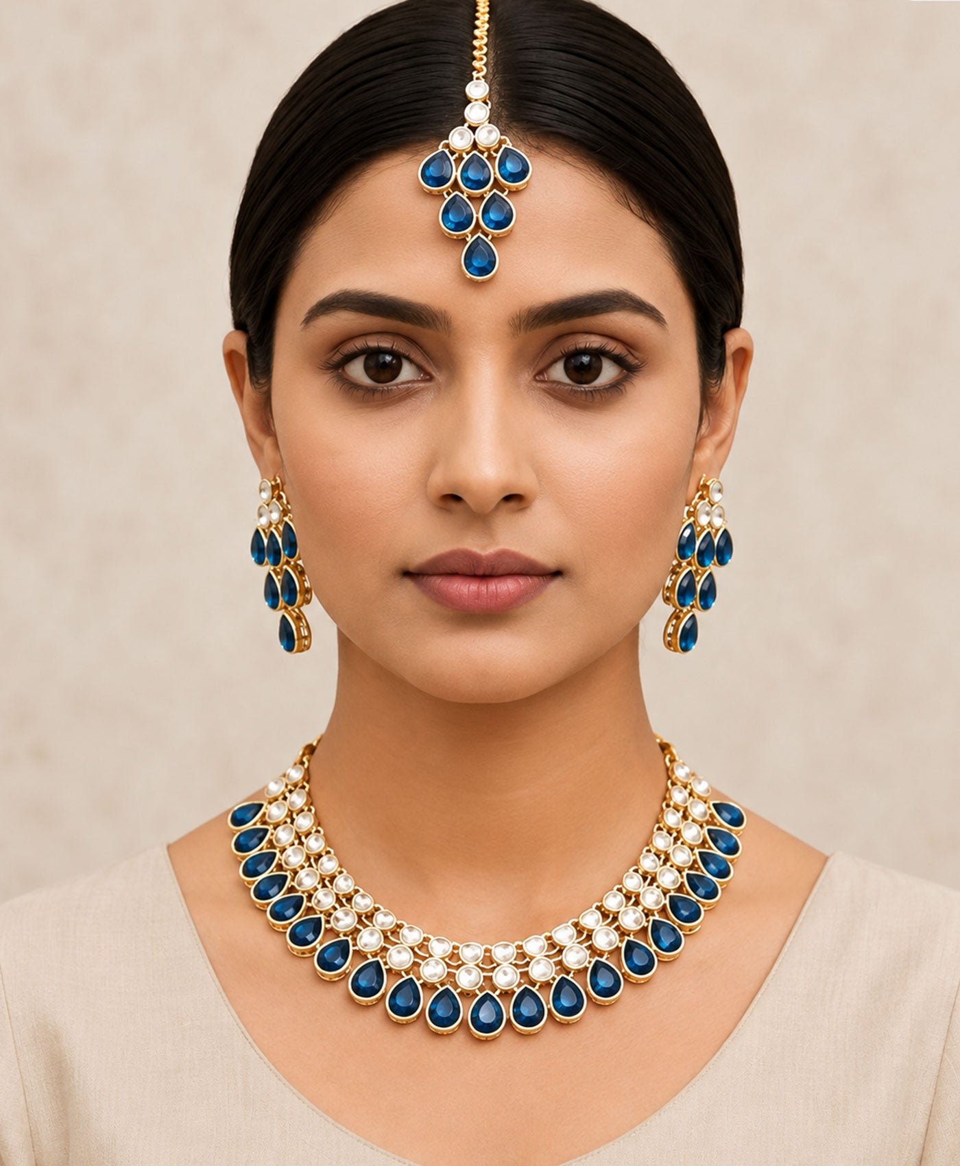 Royal Sapphire Kundan Necklace Set with Earrings & Maang Tikka