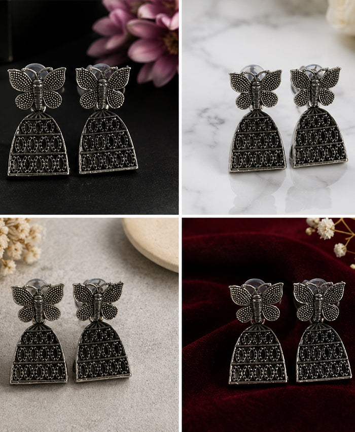 Oxidized Silver Butterfly Jhumka Drop Earrings